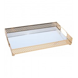 Bandeja 38cm X 24cm X 5cm Com Espelho Marbella  Dourada Metal